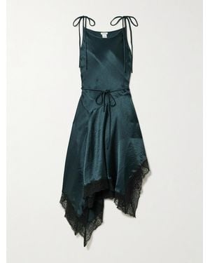 Acne Studios Doyla Belted Asymmetric Scalloped Lace-Trimmed Hammered-Satin Midi Dress - Blue