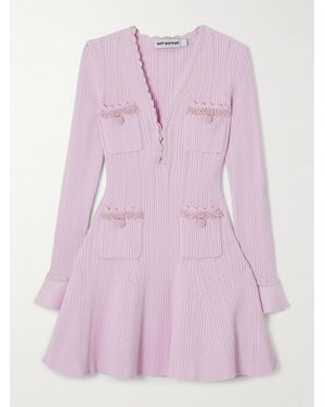 Self-Portrait Faux Pearl-Embellished Ribbed Pointelle-Knit Mini Dress - Pink