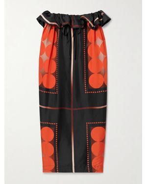 KHAITE Lilila Ruffled Printed Silk-Twill Midi Skirt - Red