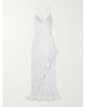 Michael Lo Sordo Asymmetric Open-Back Ruffled Crystal-Embellished Silk-Satin Gown - White
