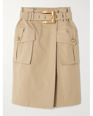 Balmain Belted Wrap-Effect Button-Embellished Cotton-Gabardine Skirt - Natural