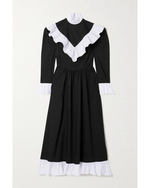 BATSHEVA Carol Ruffled Two-Tone Cotton-Poplin Midi Dress - Black