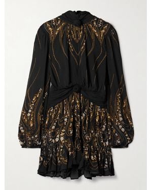 FARM Rio Tie-Neck Floral-Print Georgette Mini Dress - Black