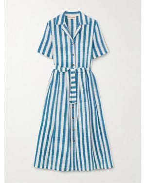 Emporio Sirenuse Claudia Belted Pleated Striped Cotton Midi Shirt Dress - Blue