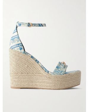 Versace Embellished Printed Leather Espadrille Wedge Sandals - Natural