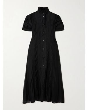 Thierry Colson Venetia Ruffled Gathered Embroidered Cotton And Silk-Blend Midi Dress - Black