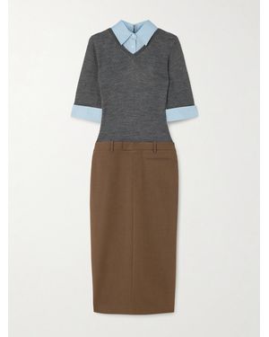 STAUD Geo Layered Cotton-Blend Poplin-Trimmed Twill And Wool-Blend Midi Dress - Brown