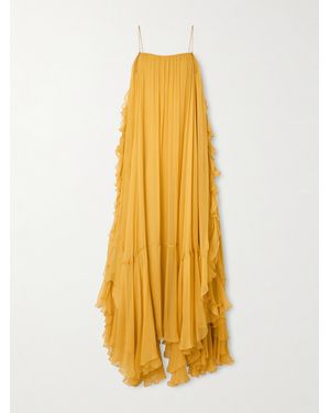 Chloé Asymmetric Embellished Ruffled Organic Silk-Crepon Gown - Yellow