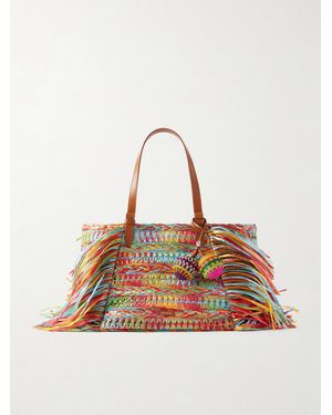 Aquazzura Trancoso Fringed Embellished Leather-Trimmed Woven Raffia Tote - Multicolour