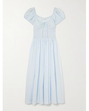 Doen Quinn Tie-Detailed Shirred Organic Cotton-Poplin Midi Dress - Blue
