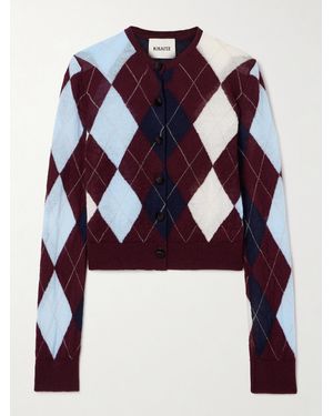 KHAITE Charli Calf Hair-Trimmed Argyle Cashmere And Mohair-Blend Cardigan - Blue