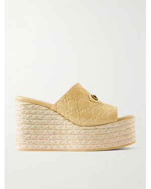 Gucci Horsebit-Embellished Logo-Debossed Suede Espadrilles Wedges Mules - Natural