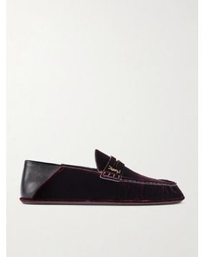Saint Laurent Le Loafer Cassandre-Embellished Collapsible-Heel Leather-Trimmed Velvet Loafers - Black