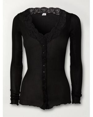 Saint Laurent Lace-Trimmed Ribbed Silk-Jersey Cardigan - Black