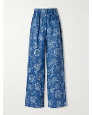 ALÉMAIS Lucky Pleated Printed Linen Wide-Leg Pants - Blue