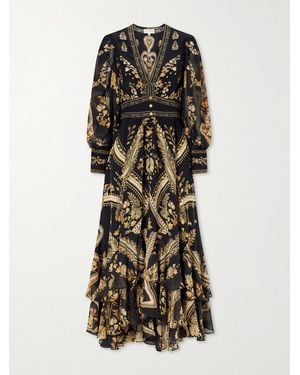 CAMILLA Embroidered Printed Silk-Crepe Maxi Dress - Black