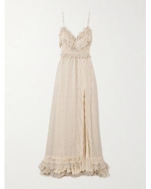 Valentino Garavani Lace-Trimmed Ruffled Polka-Dot Silk-Georgette Gown - Natural