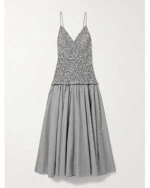 Brandon Maxwell The Josie Shirred Striped Cotton Midi Dress - Grey