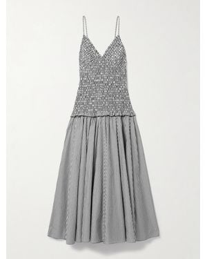 Brandon Maxwell The Josie Shirred Striped Cotton Midi Dress - Gray