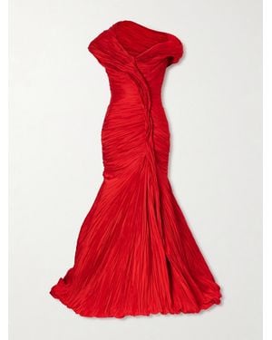 Marmar Halim One-Shoulder Plissé Chiffon Gown - Red