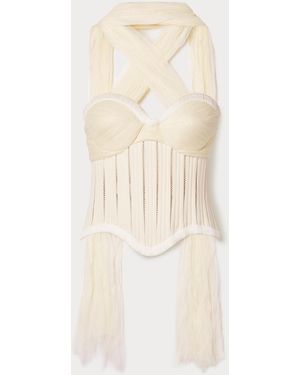 Danielle Frankel Anika Strapless Cotton-Blend Twill, Tulle And Plissé-Satin Bustier Top - Natural