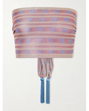 Bode Strapless Tasselled Striped Crocheted Top - Pink