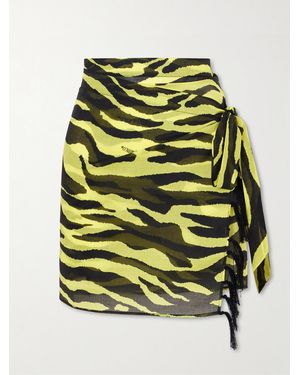 The Attico Tasseled Zebra-Print Cotton-Voile Pareo - Yellow