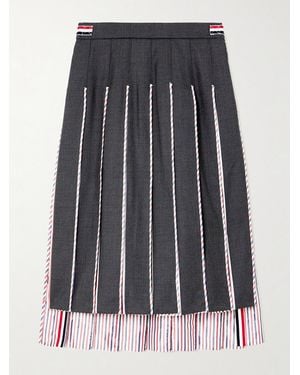 Thom Browne Pleated Striped Poplin-Trimmed Wool Midi Skirt - Grey