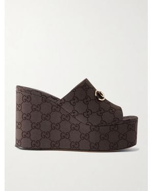 Gucci Horsebit-Embellished Canvas-Jacquard Platform Mules - Brown