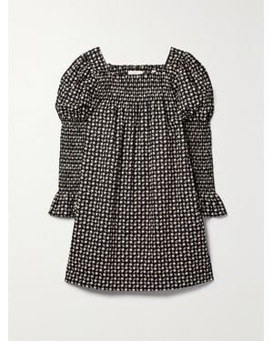 Doen Net Sustain Sabia Shirred Floral-Print Organic Cotton-Poplin Mini Dress - Black