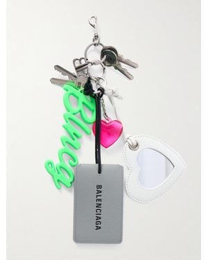Balenciaga Aki Silberfarbener Schlüsselanhänger Aus Leder, Silikon Und Kristall Mit Verzierungen - Weiß