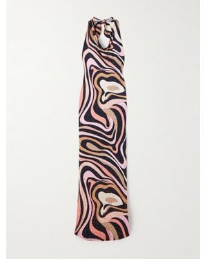 Emilio Pucci Marmo Crystal-Embellished Printed Satin-Jersey Halterneck Maxi Dress - White