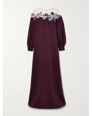 Oscar de la Renta Appliquéd Tulle-Trimmed Silk-Blend Crepe Gown - Purple