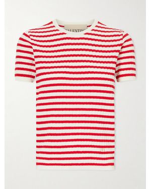 Valentino Garavani Embellished Striped Ribbed Cotton T-Shirt - Red