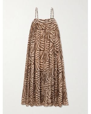 Zimmermann Wanderlust Gathered Zebra-Print Cotton Maxi Dress - Natural