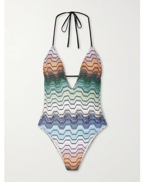 Missoni Mare Striped Crochet-Knit Halterneck Swimsuit - Blue