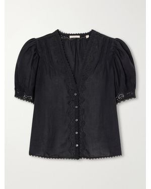 Doen Brigitta Lace-Trimmed Pintucked Ramie Woven Blouse - Black
