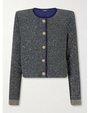 Balmain Metallic-Trimmed Tweed Cardigan - Blue