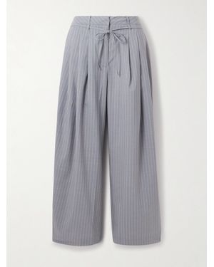 Deiji Studios Belted Pleated Striped Wool Straight-Leg Trousers - Grey