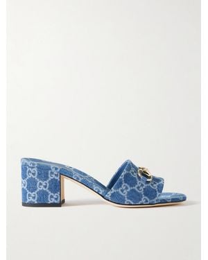 Gucci Horsebit-Embellished Logo-Print Denim Mules - Blue