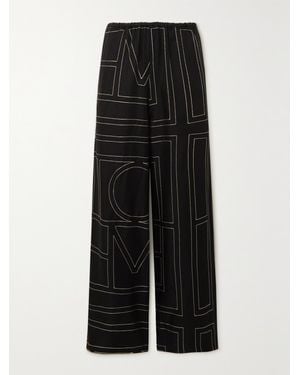 TOTEME Embroidered Silk-Twill Wide-Leg Trousers - Black