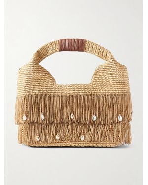 Sensi Studio Leather-Trimmed Embellished Fringed Straw Tote - Metallic