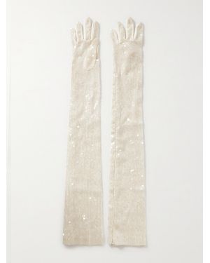 Safiyaa Sequined Satin Gloves - White