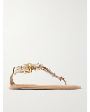 Balmain Runway Bead-Embellished Suede Sandals - Natural