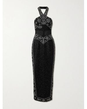 Clio Peppiatt Cyndi Cutout Embellished Mesh Halterneck Gown - Schwarz