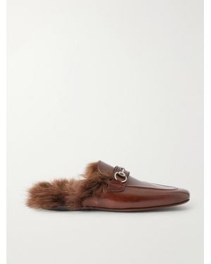 Gucci Casanova Horsebit-Embellished Shearling-Trimmed Leather Mules - Brown