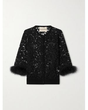 Valentino Garavani Cardigan Aus Schnurgebundener Baumwollspitze Mit Federn - Schwarz
