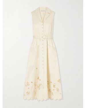 Saloni Kirat Belted Scalloped Embroidered Poplin Midi Dress - Natural