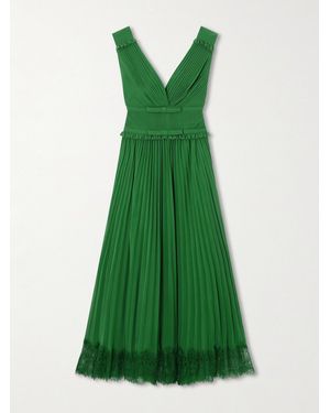 Self-Portrait Lace-Trimmed Pleated Chiffon Midi Dress - Green