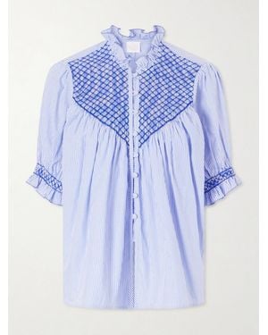 Loretta Caponi Milvia Shirred Striped Cotton-Poplin Blouse - Blue